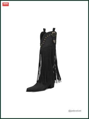 Cowgirl Knee High Fringe Boots Wide Calf Studded Leather Snip Toe Chunky Heel